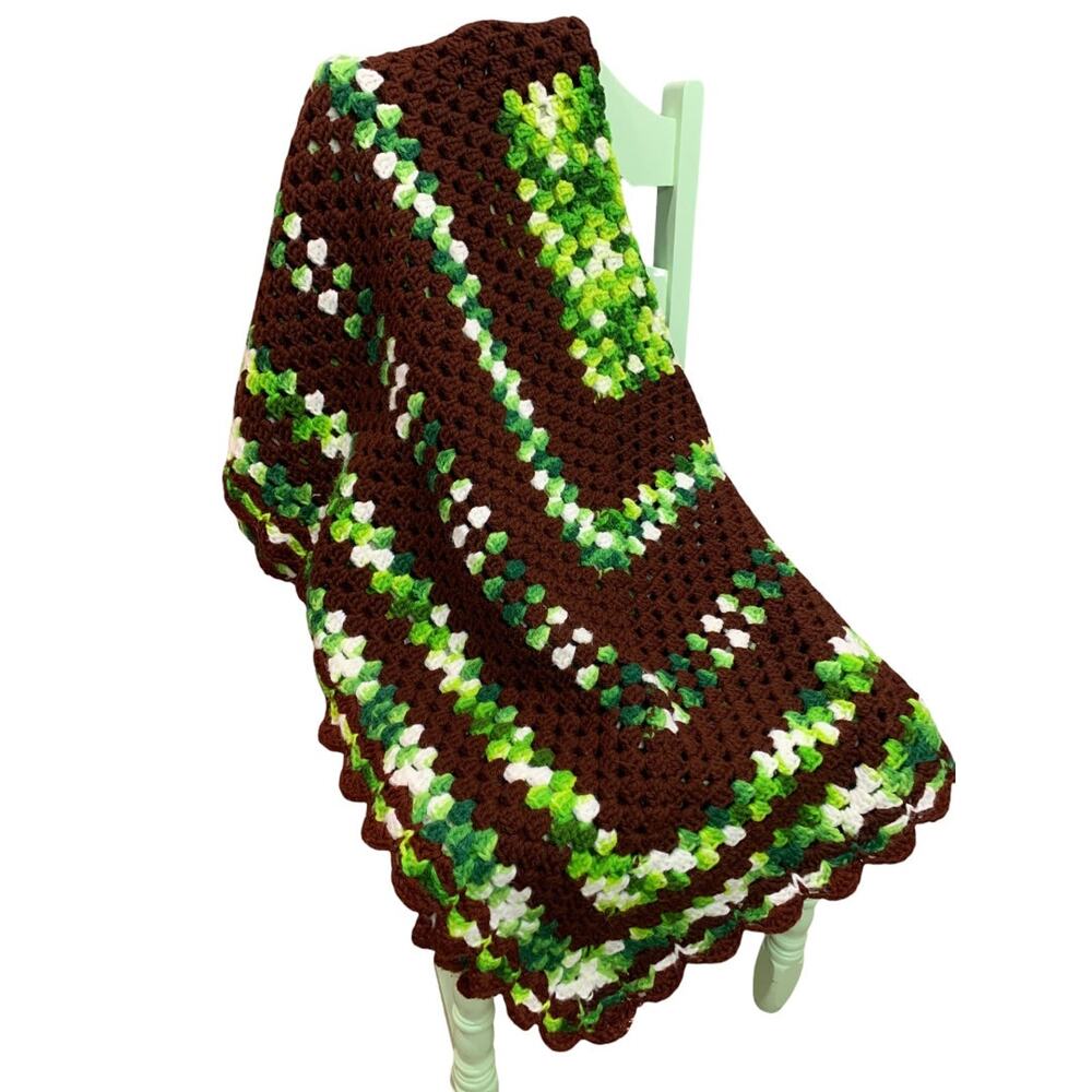 Vintage Brown Green Afghan Throw Blanket 48 Inches Square